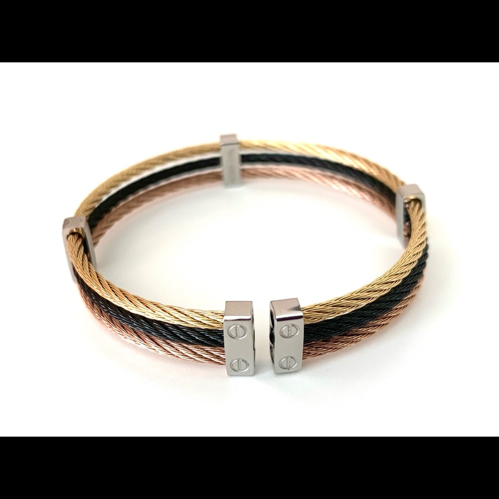 Three Tones Cable Style Open Bangle - Picture 2 of 4